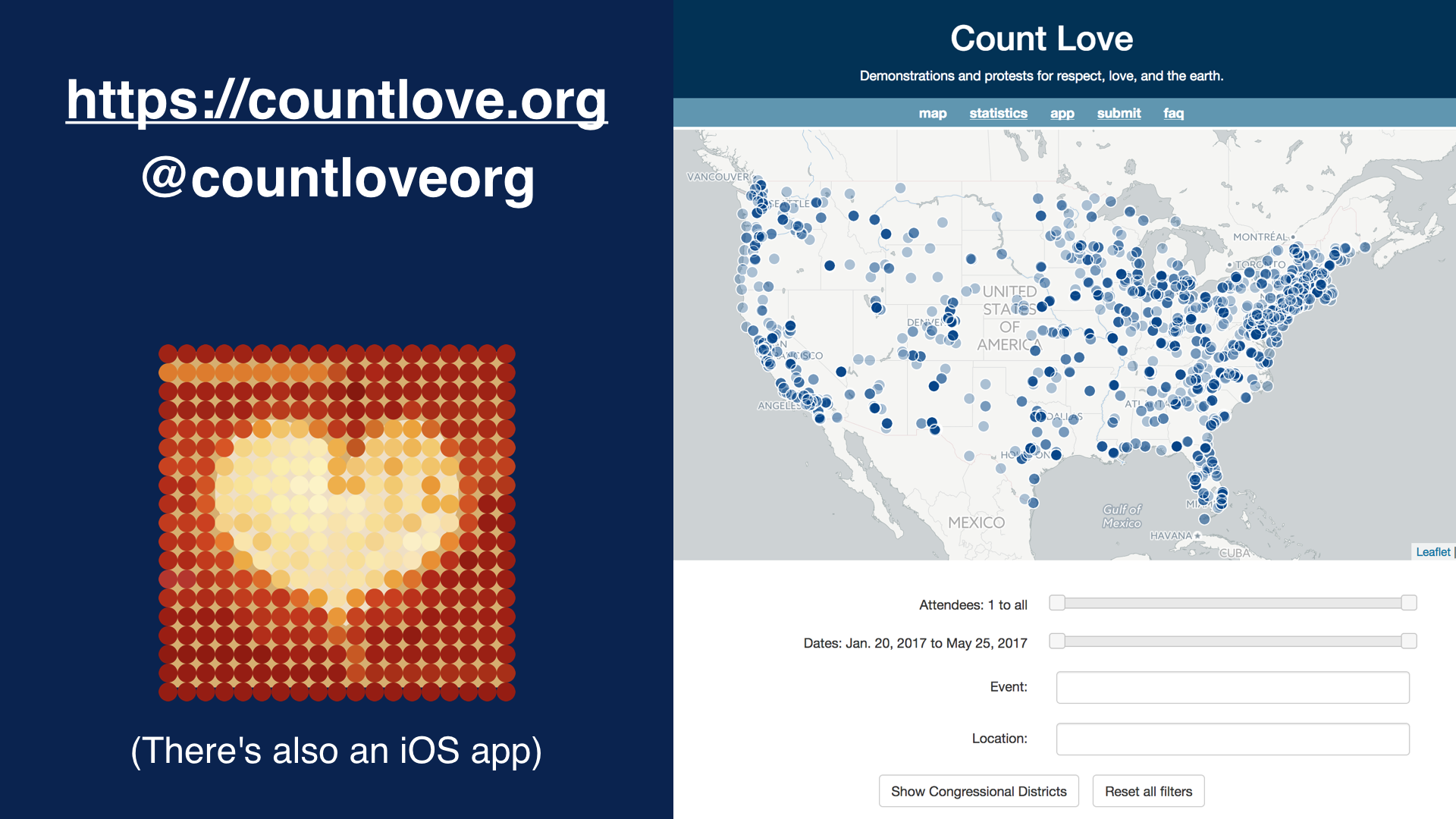Image of the website and teaser for the iOS app that allows people to submit protests anonymously.